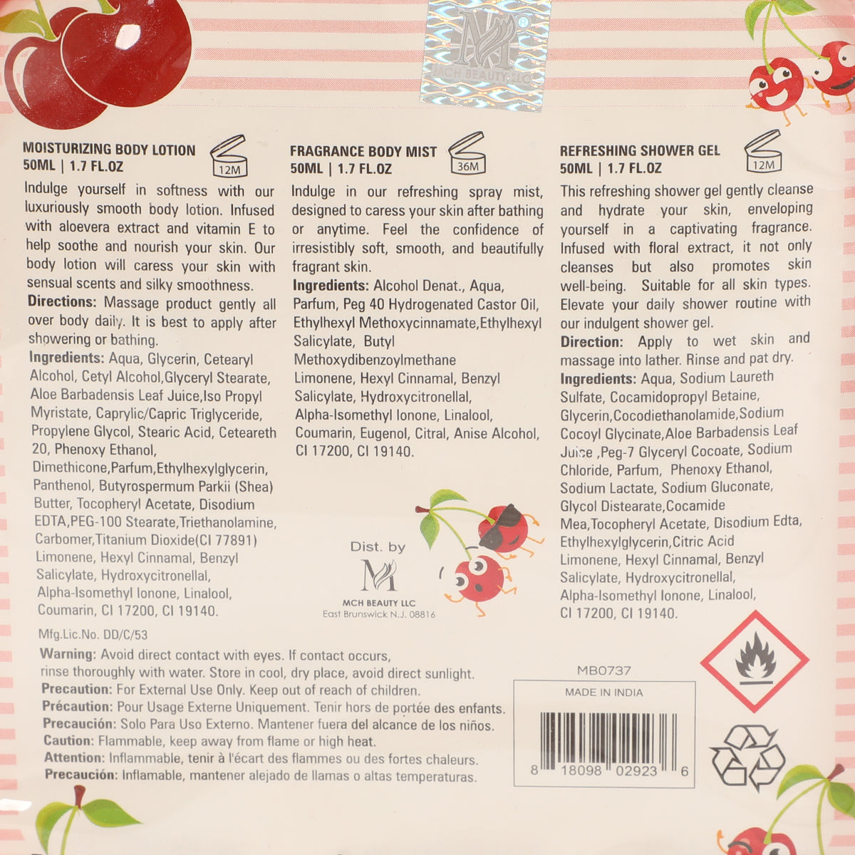 Kimberly Sweet Cherry Refreshing Shower Gel, Fragrance Body Mist Moisturizing Body Lotion For Women - 50ML/1.7FL.OZ