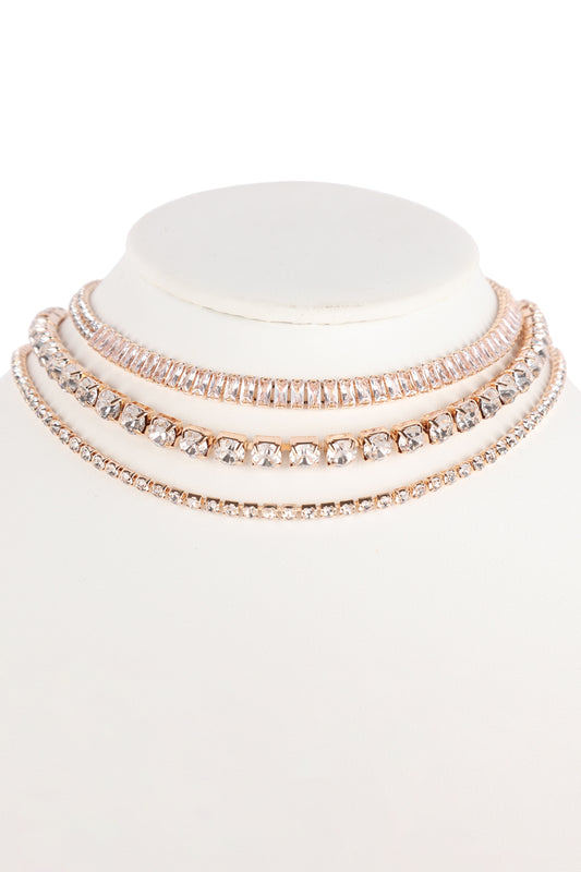 Cubic Zirconia & Rhinestone Baguette 3 Layer Choker Set Necklace