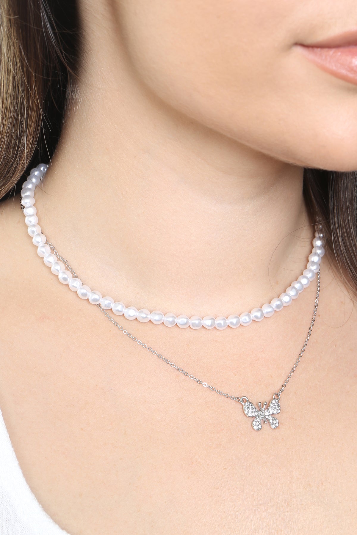 Pearl and Butterfly Statement Layered Necklace