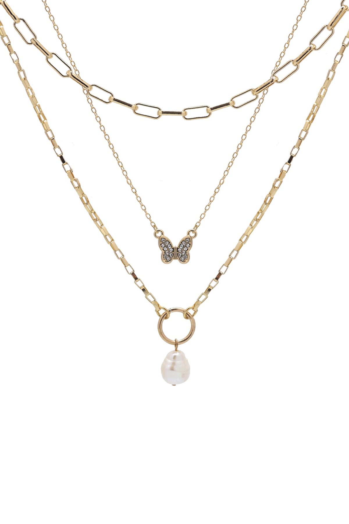Fresh Water Pearl with Butterfly Layered 3 Set Chain Necklace