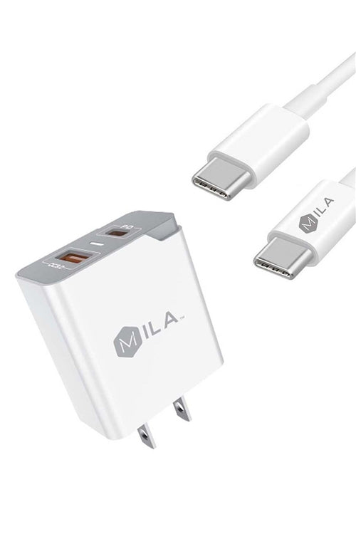 MILA 3.0A Fast Charge USB And USB-C Port Home Wall Charger With Type C To Type-C Cable Retail White