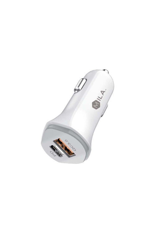 Mila|3.0A Fast Charge USB And USB-C Port Car Adapter Retail Packaging White