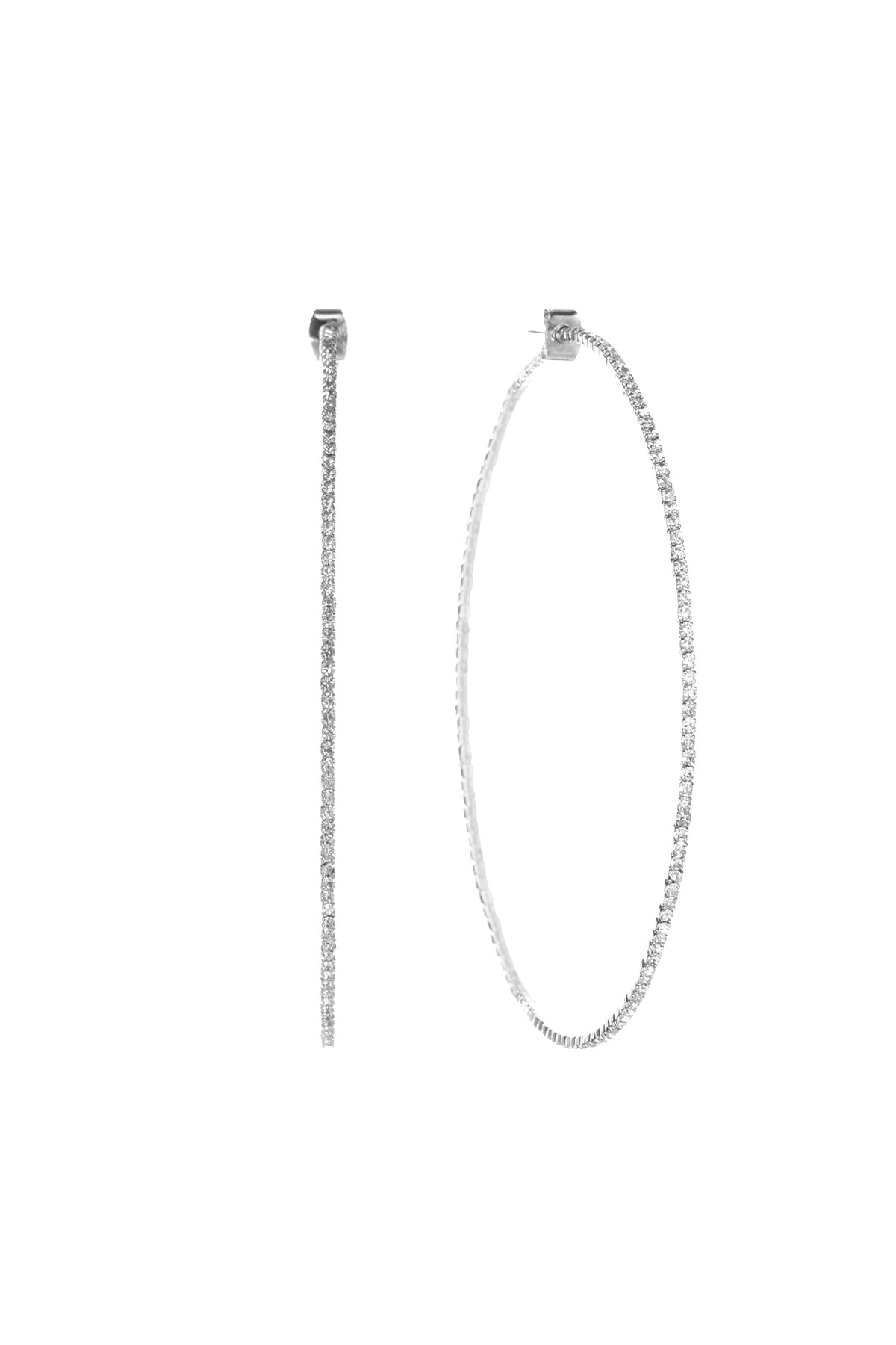 Rhinestone Line Wire Hoop Post Earrings Crystal Silver