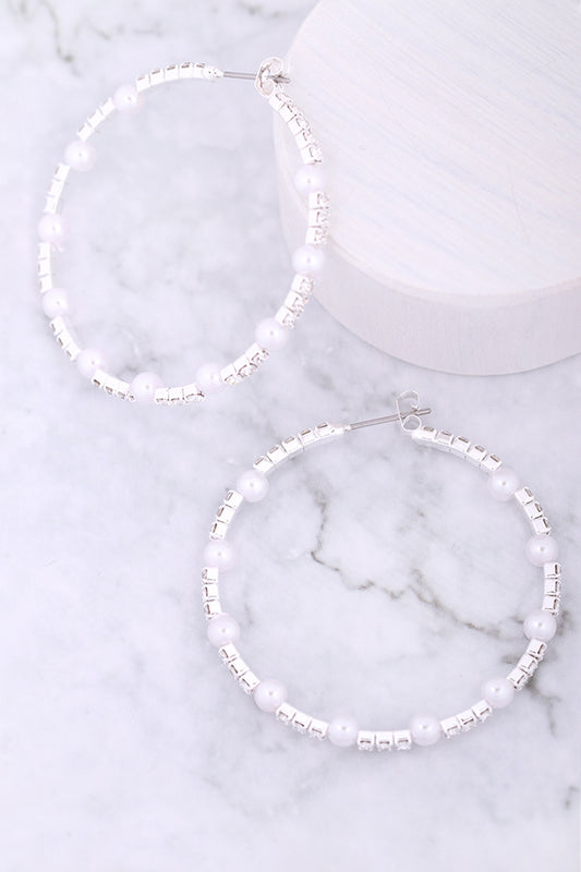 Rhinestone W/Pearl Bead Hoop Earrings
