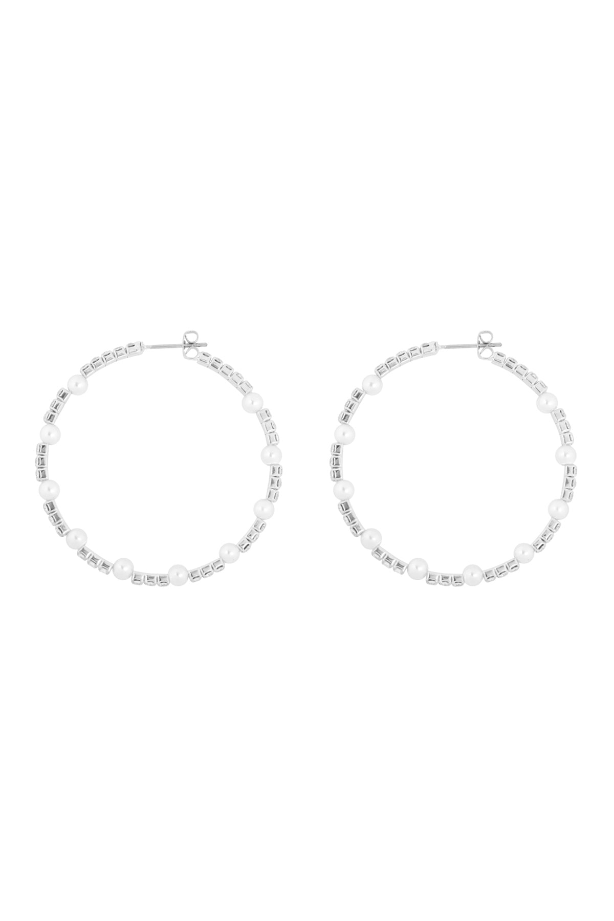 Rhinestone W/Pearl Bead Hoop Earrings White Silver