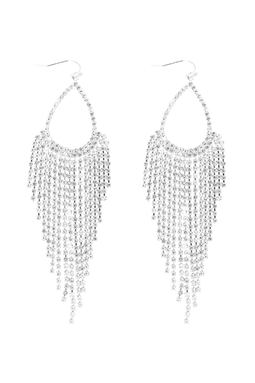 Rhinestone Teardrop Fringe Fish Hook Earrings Crystal Silver