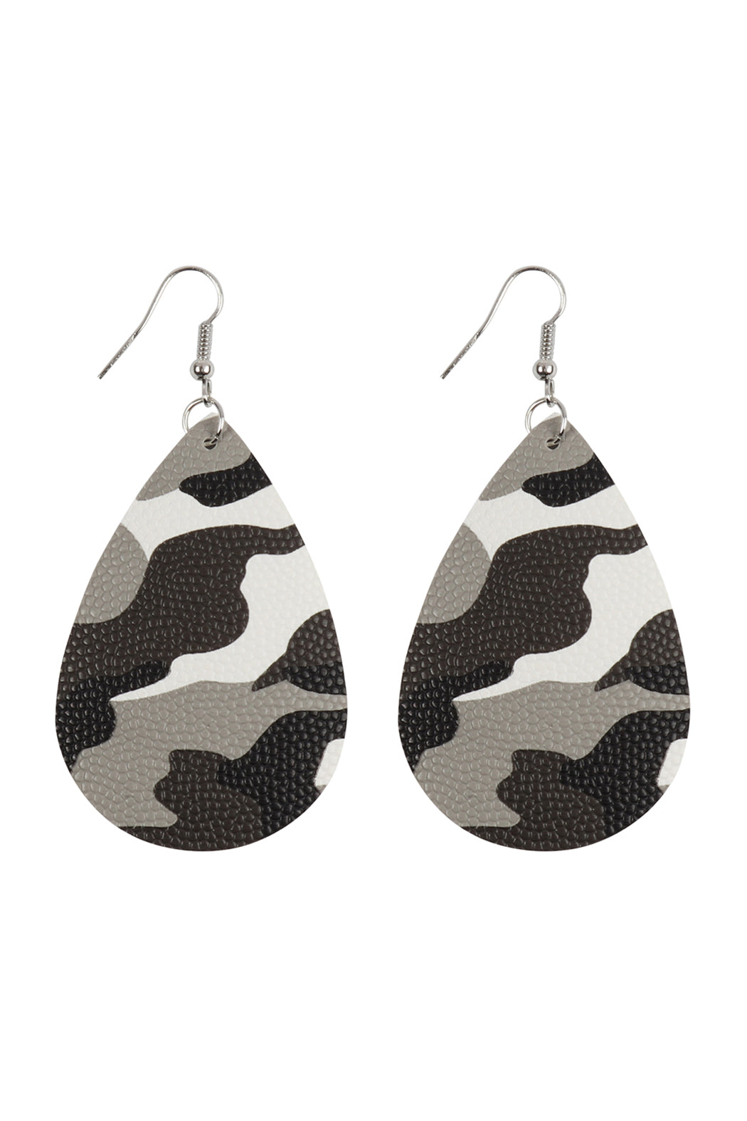 Camouflage Printed Teardrop Hook Earrings White Silver