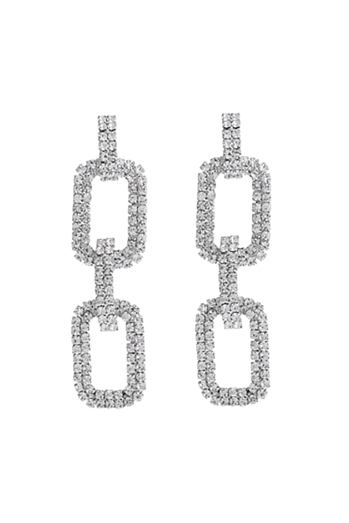 Pave Rhinestone Drop Chain Earrings Crystal Silver