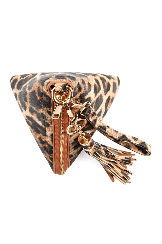 Pyramid Shape Tassel Wristlet Leather Bag