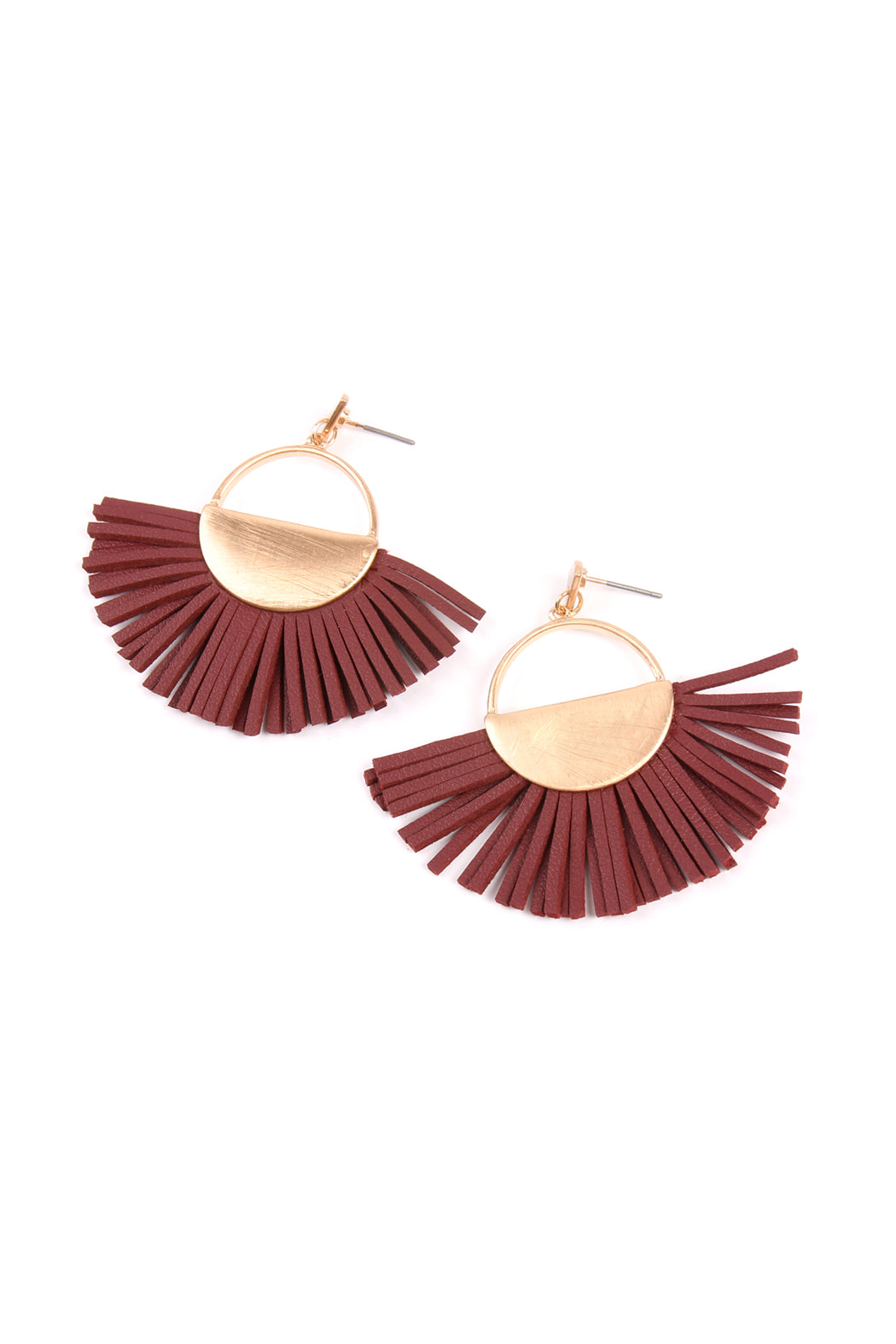 Metal With Leather Fan Fringe Earrings Burgundy