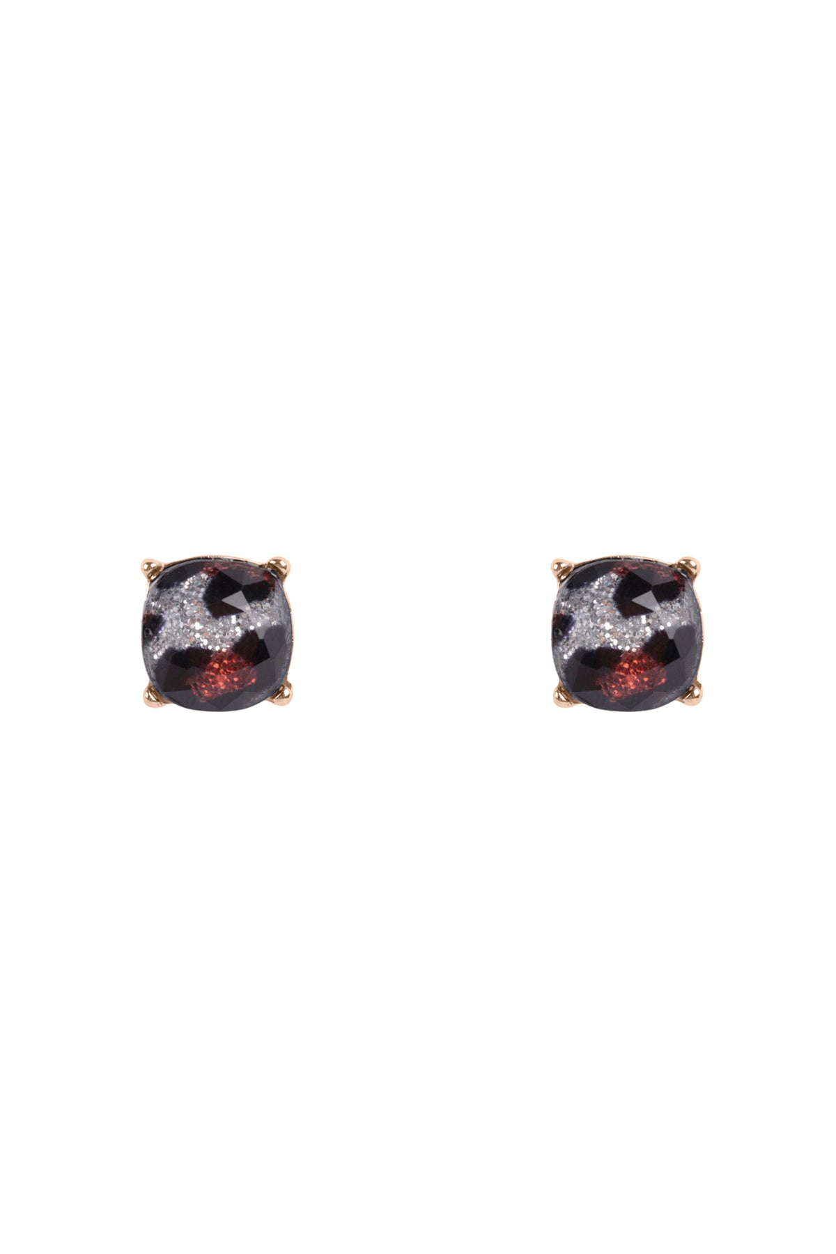 Cushion Cut Glass Stud Earrings Gold Glitter Leopard