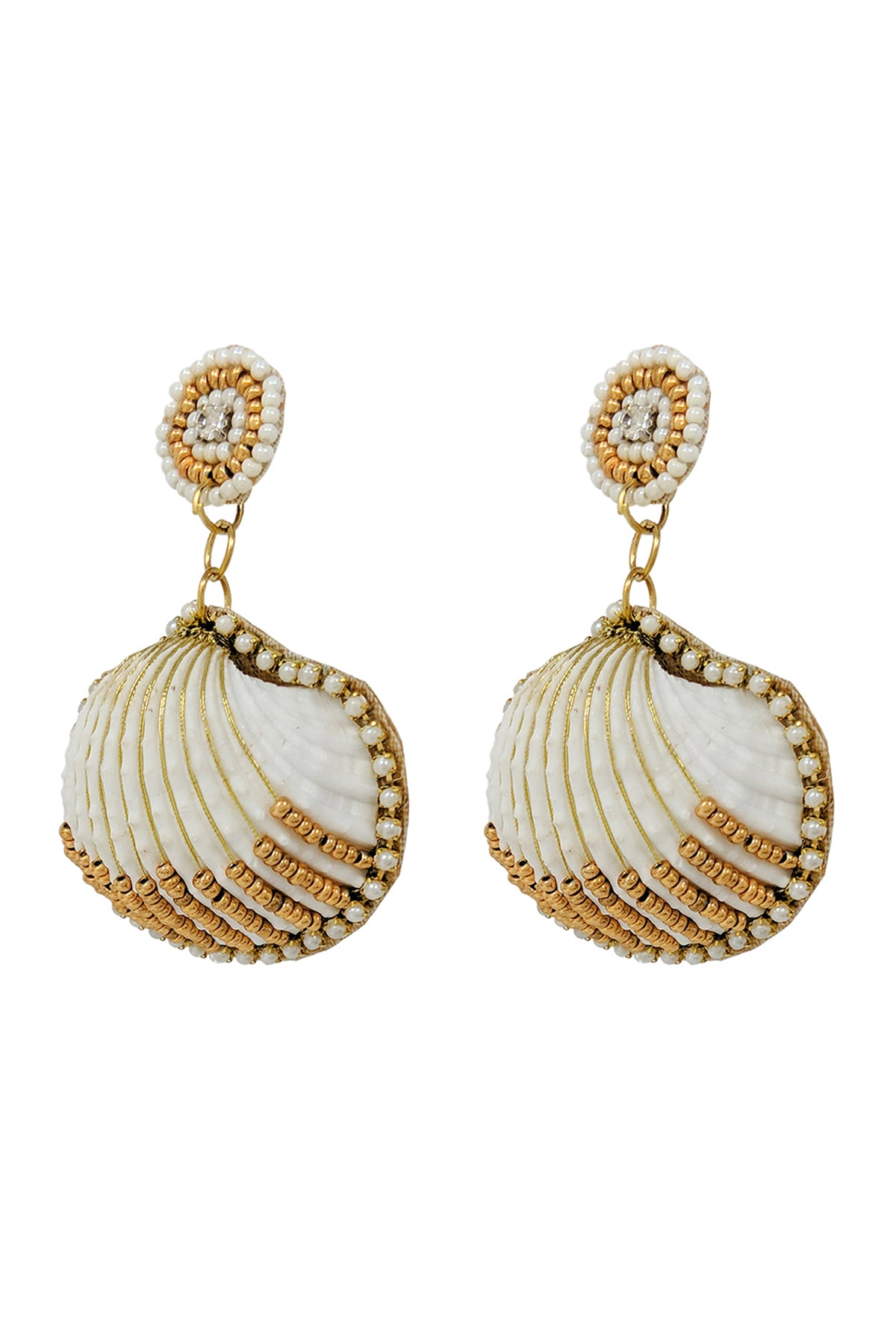 Fancy Sea Shell Seed Bead W/Pearl Dangle Post Earrings Ivory Multi