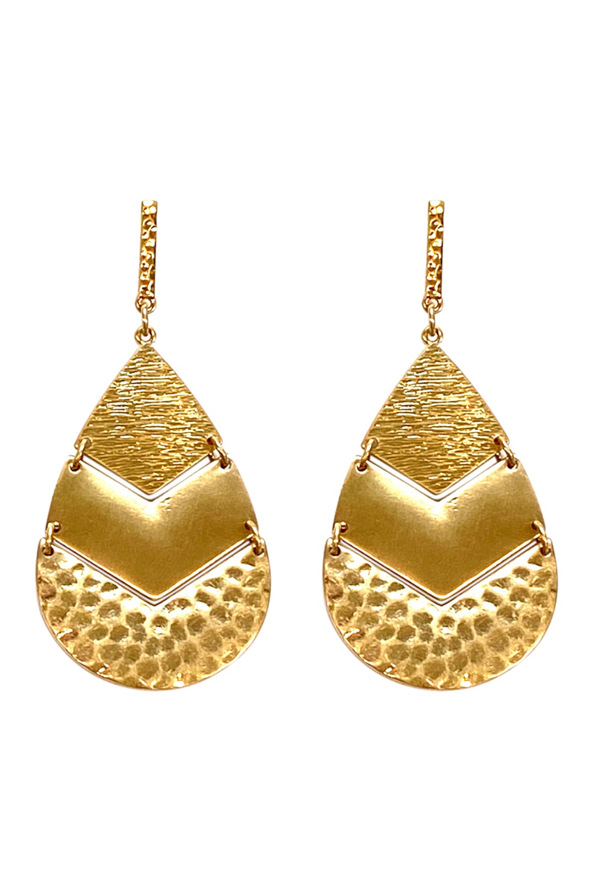 Hammered Metal Chevron Tear Drop Post Earrings Matte Gold