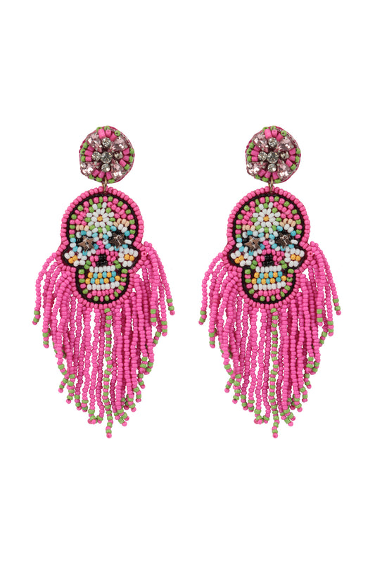 Halloween Skull Seed Beads Fringe Post Earrings