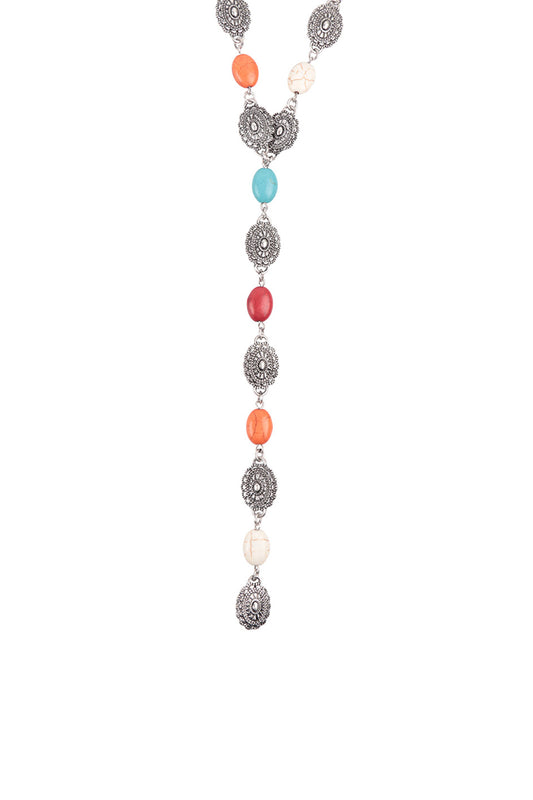 Western Concho Semi Stone Lariat Y Necklace & Earring Set