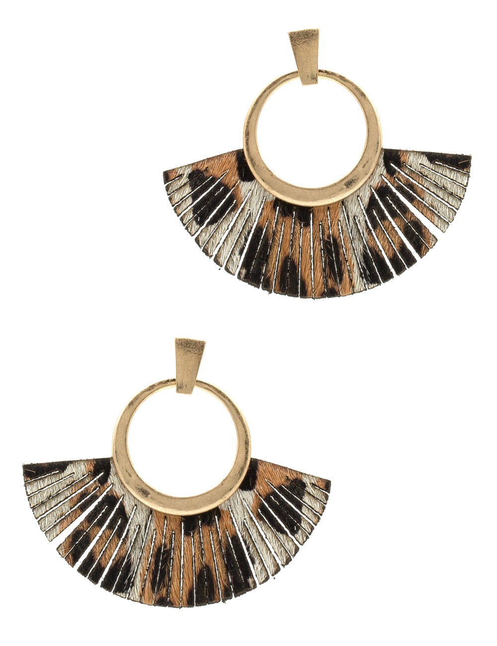 Fan Shaped Real Calf Hair Leather With Hammered Metal Earrings