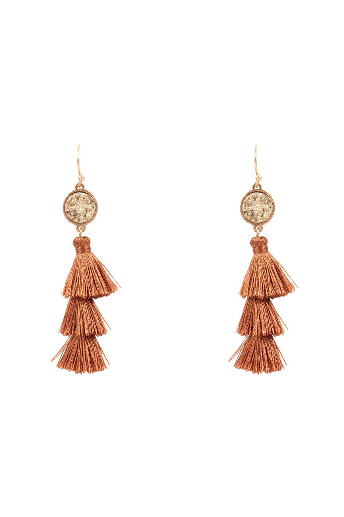 Faux Druzy With Triple Mini Layered Tassel Hook Earrings Gold