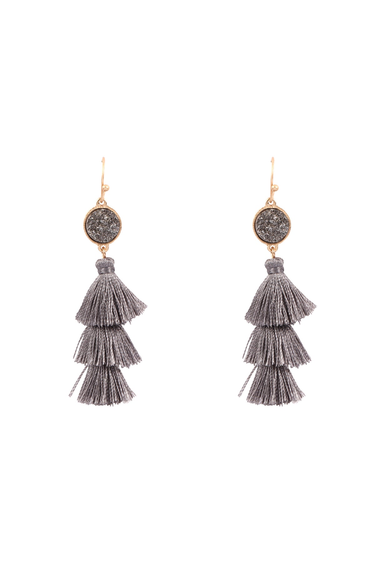Faux Druzy With Triple Mini Layered Tassel Hook Earrings