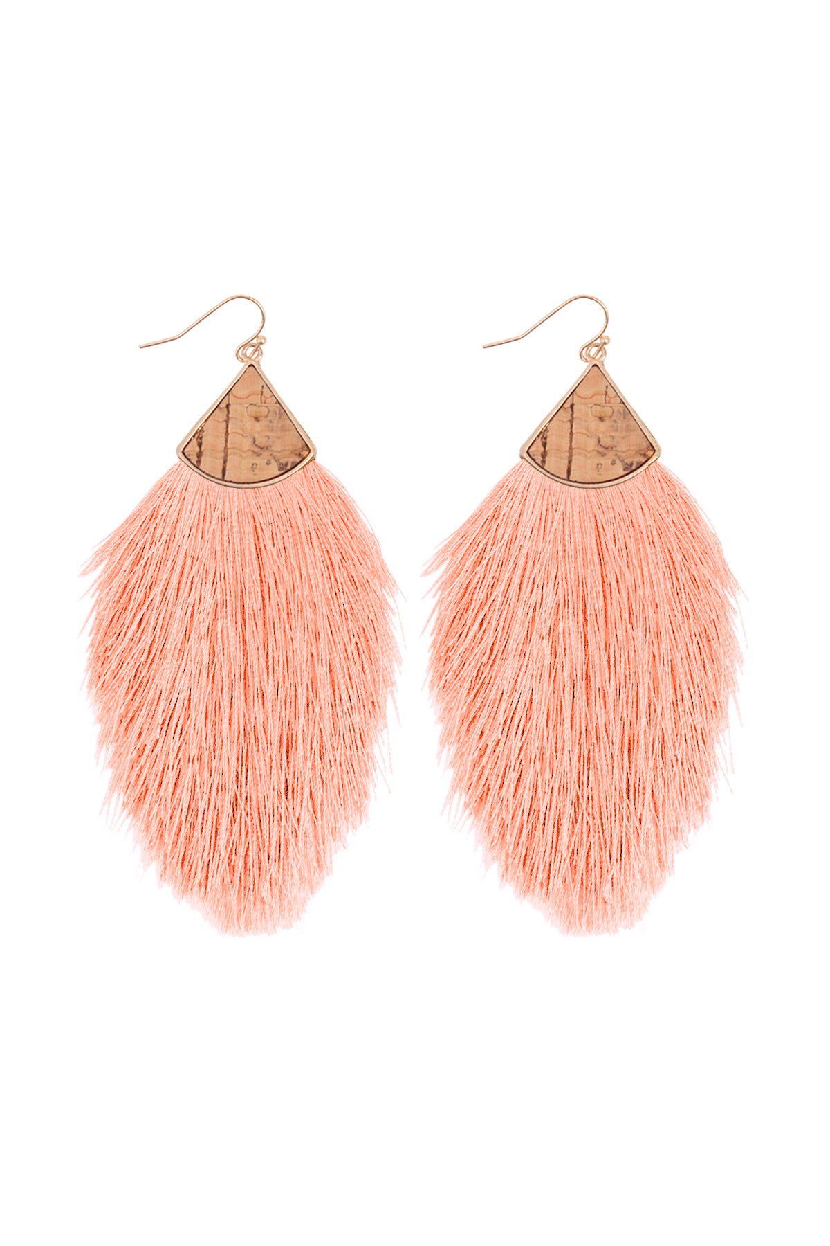 Cork W/Fringe Thread Drop Hook Earrings Peach
