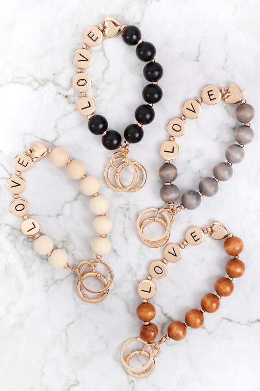 "LOVE" With Wood Bead Keychain Bracelet