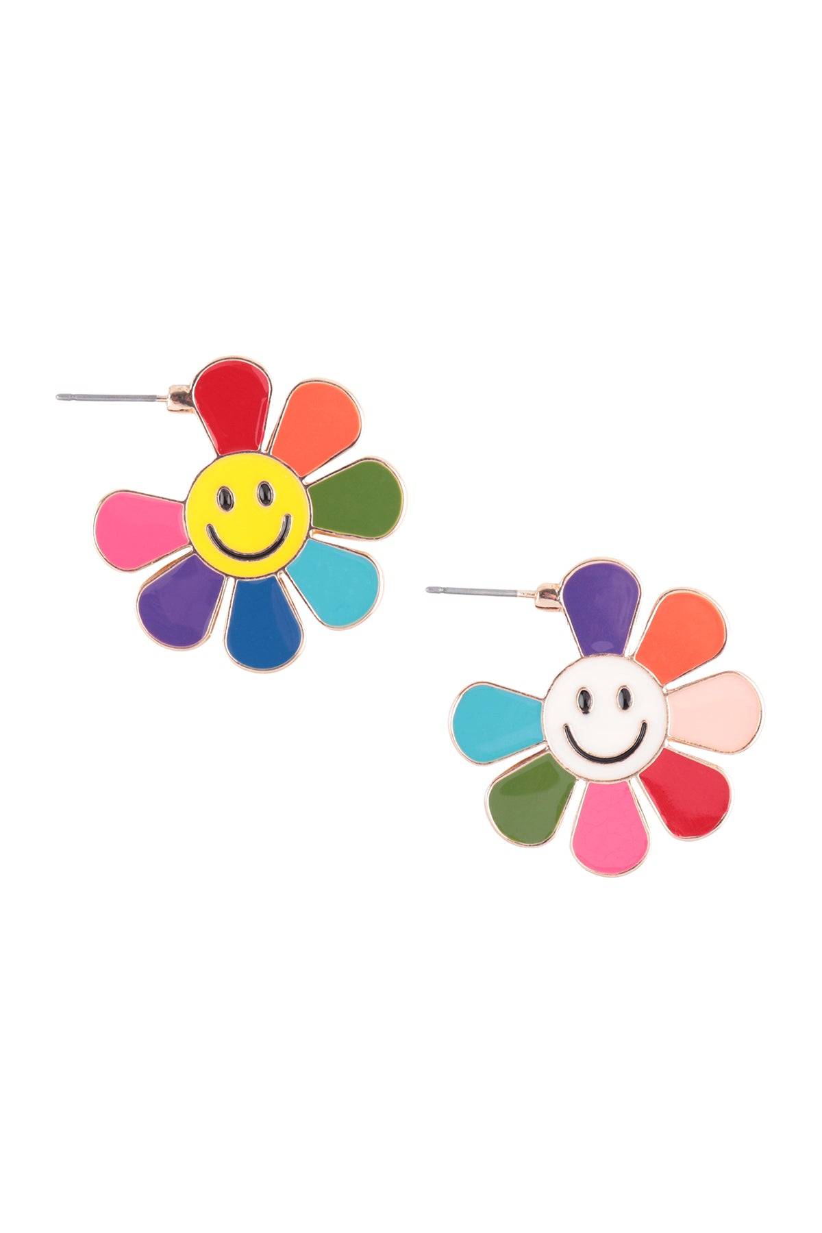 Smiley Flower Shaped Enamel Hoop Earrings Multicolor