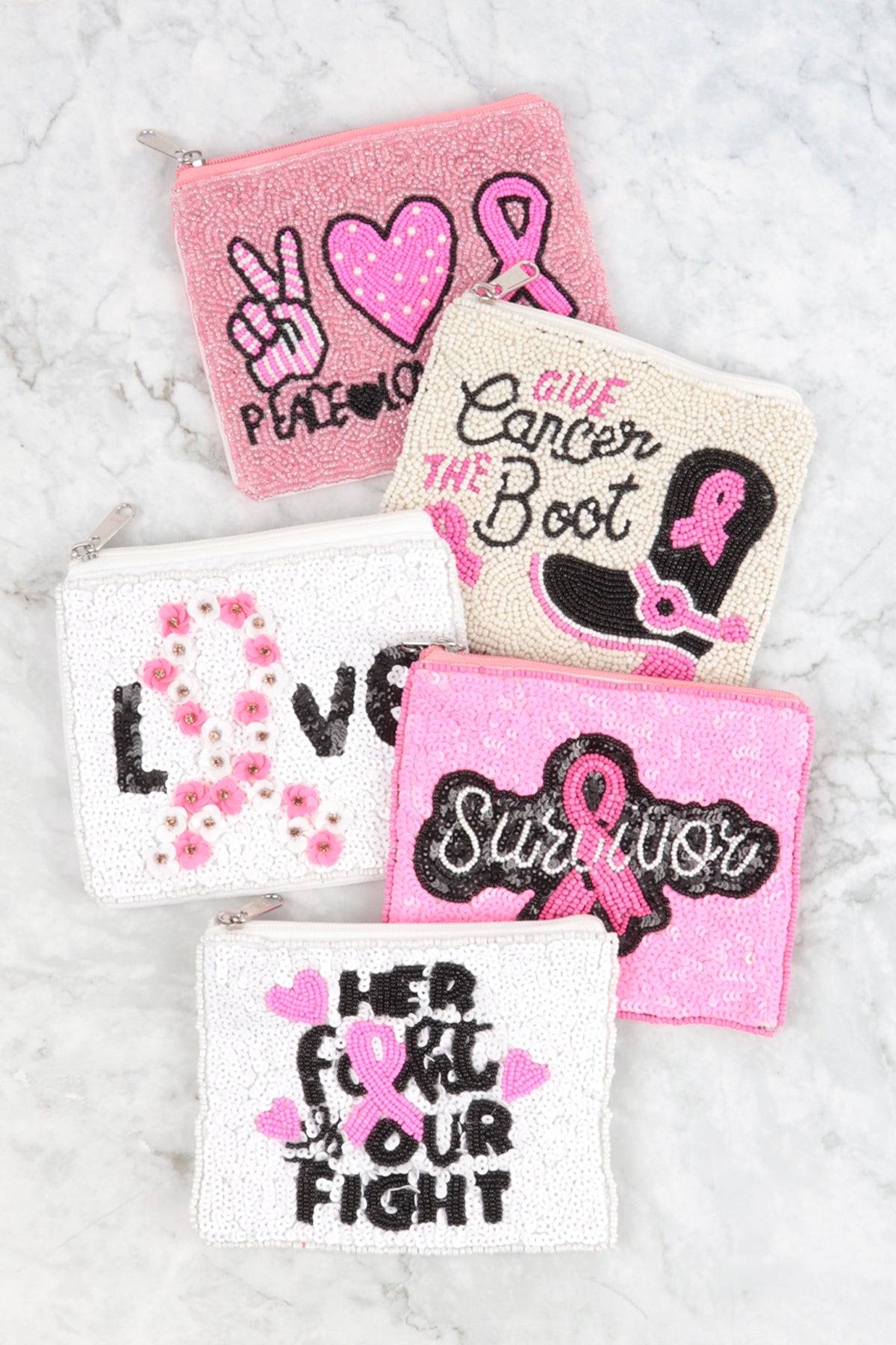 Her Foht Our Fight Pink Ribbon Awarenes Sequin And Seed Beads Coin Pouch