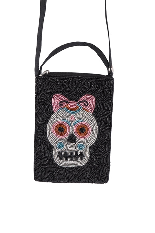 Sugar Skull Ribbon Seed Beads Crossbody Bag