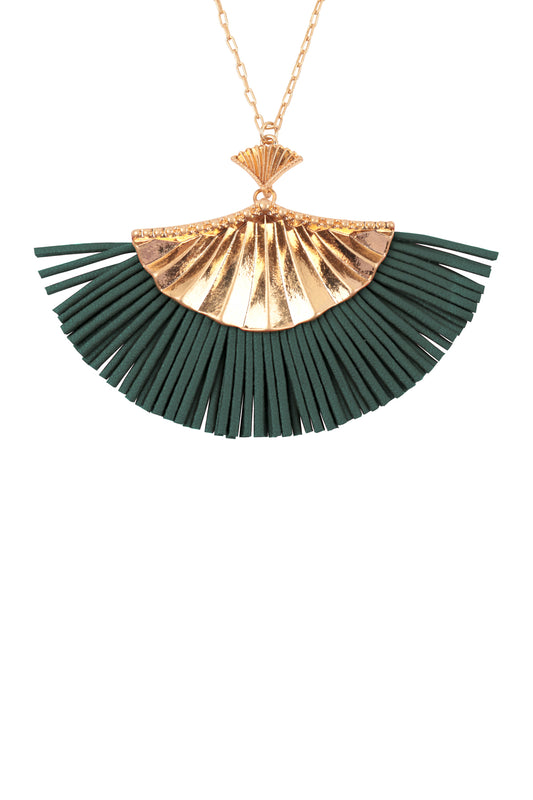 30 Inch Fan Shaped PU Leather Fringe Long Necklace