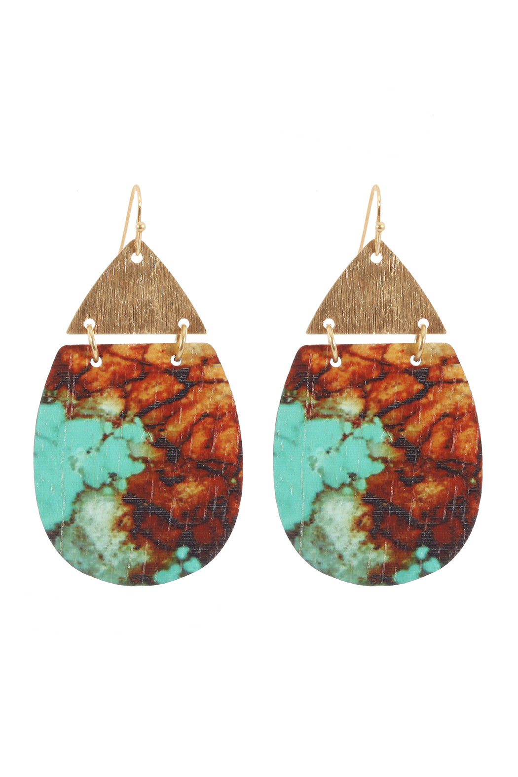 Tur2uoise Brown Metal Semiwood Fish Hook Teardrop Earrings