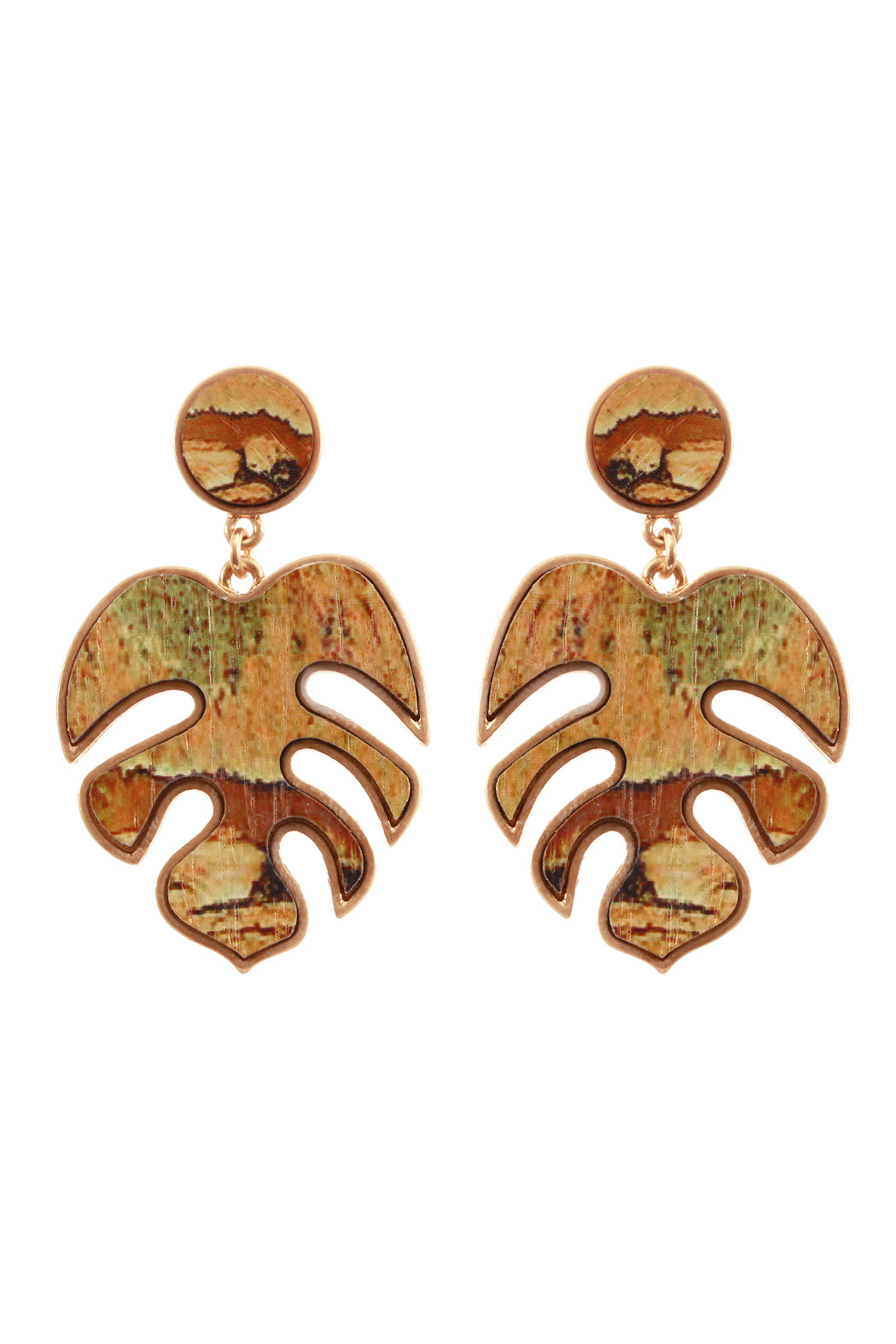 Metal Semiwood Tropical Leaf Post Earrings Brown