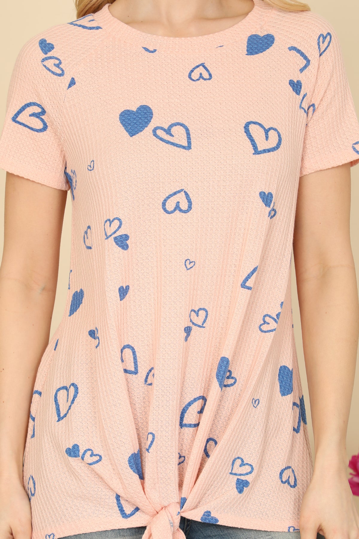 Heart Print Twist Tie Hem Waffle Top
