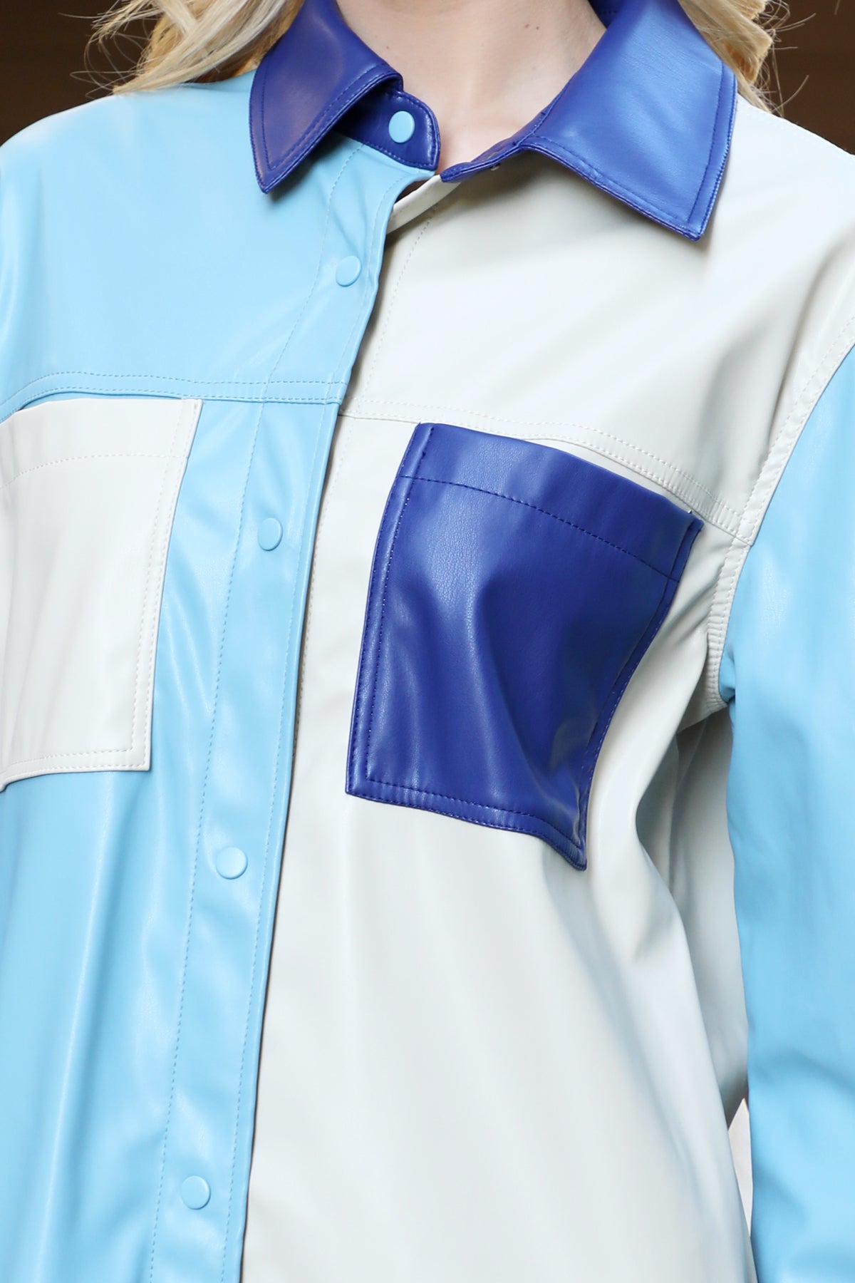 Color Block Faux Leather Button-Up Shacket