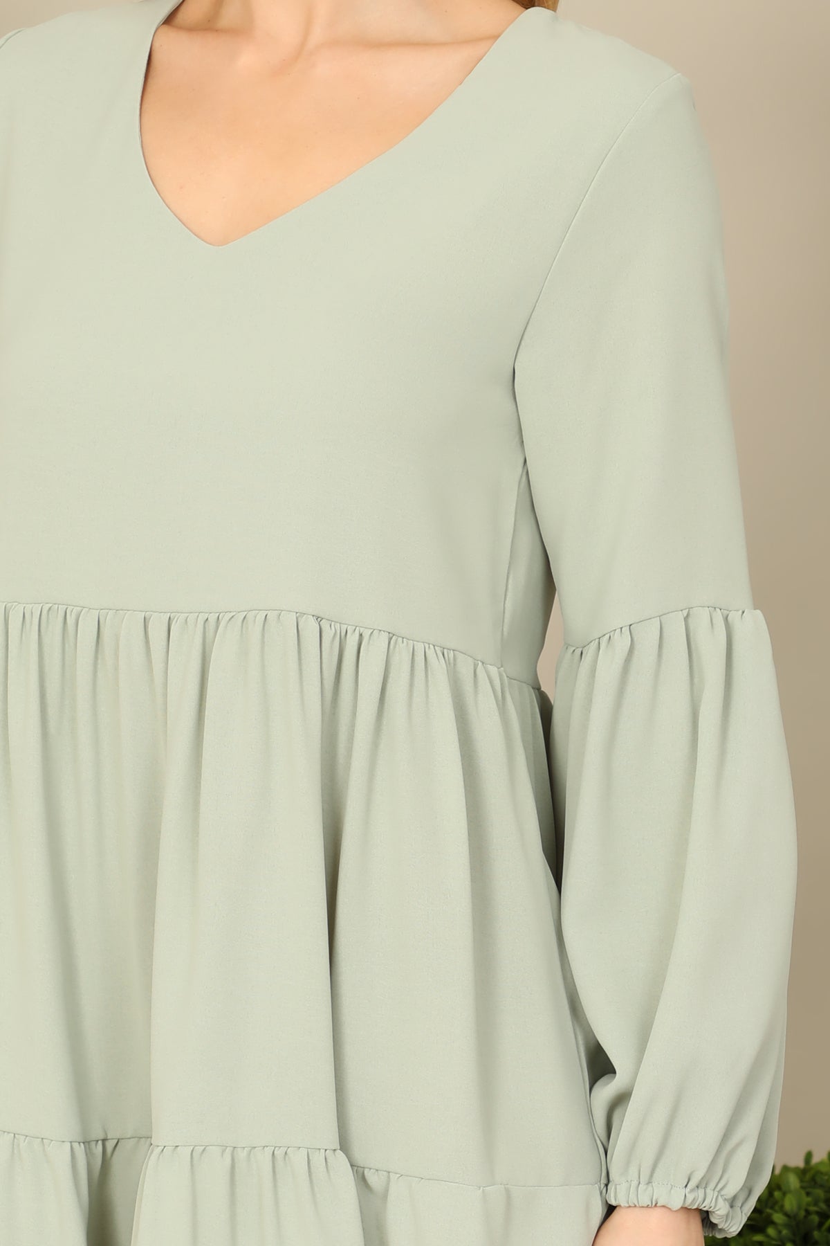V-Neck Puff Long Sleeve Babydoll Tiered Solid Dress