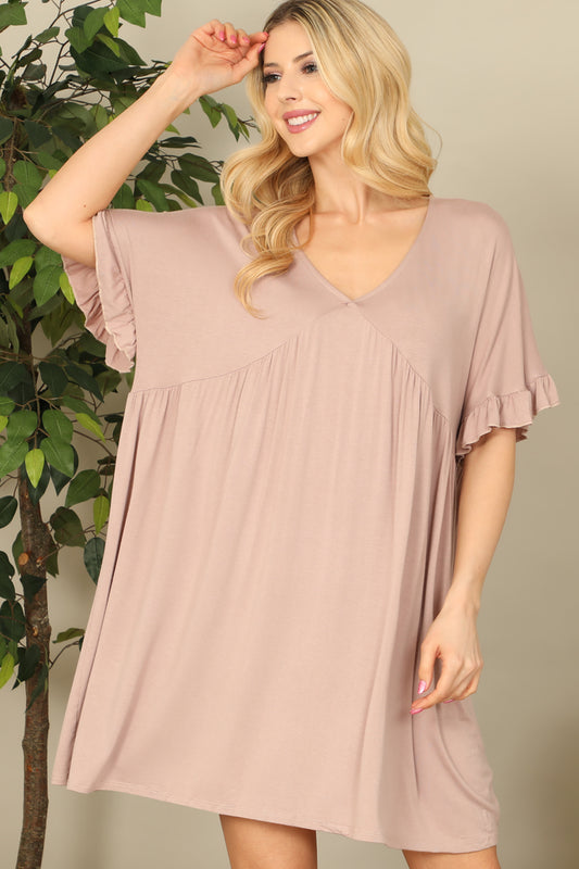 V-Neck Flutter Sleeve Babydoll Mini Dress