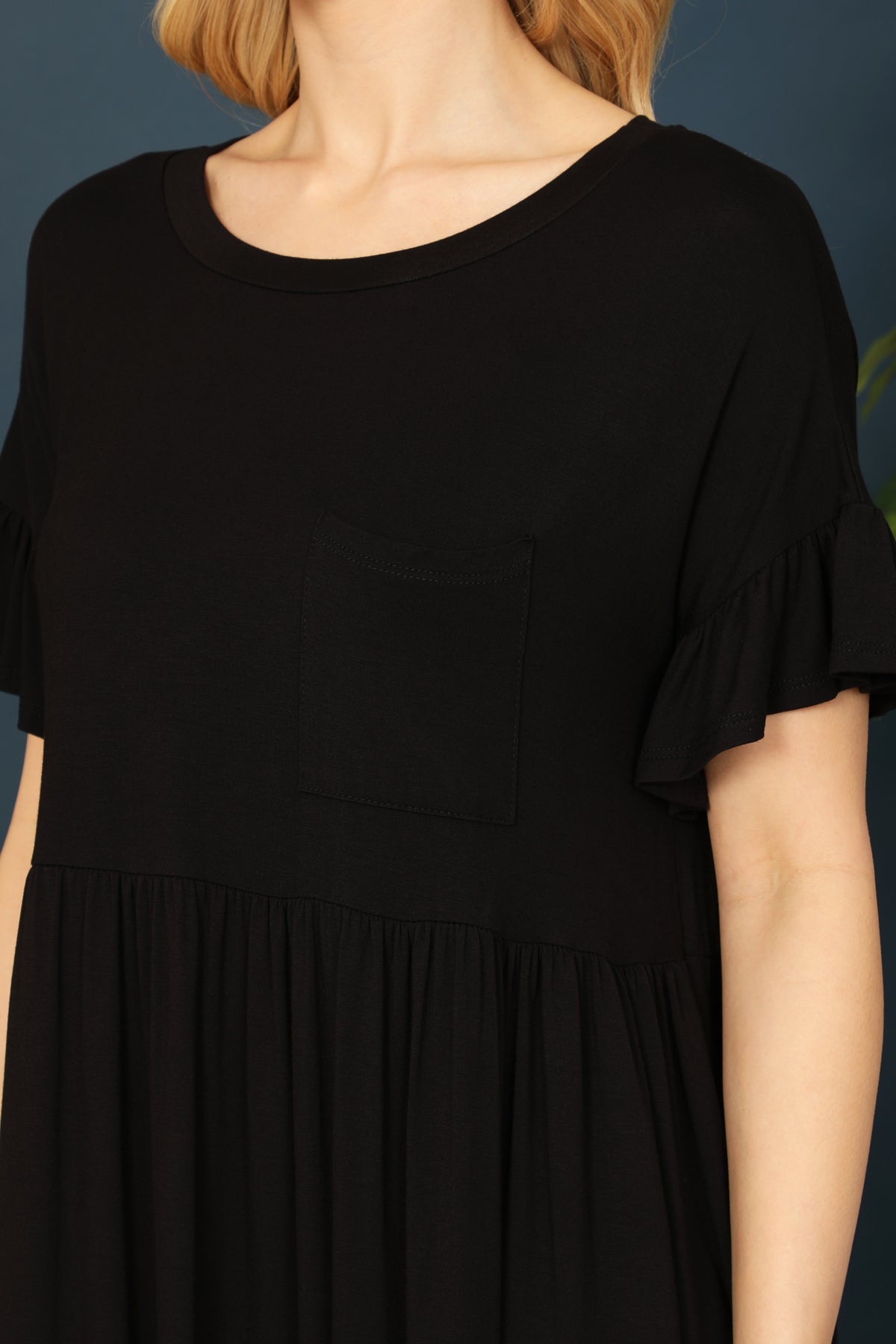 Ruffle Sleeve Front Pocket Solid Dress
