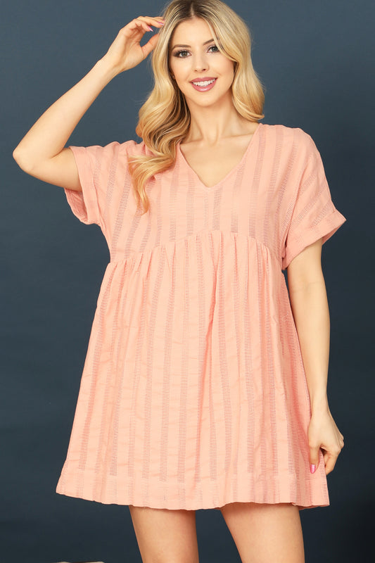 V-Neck Short Sleeve Textured Babydoll Dress