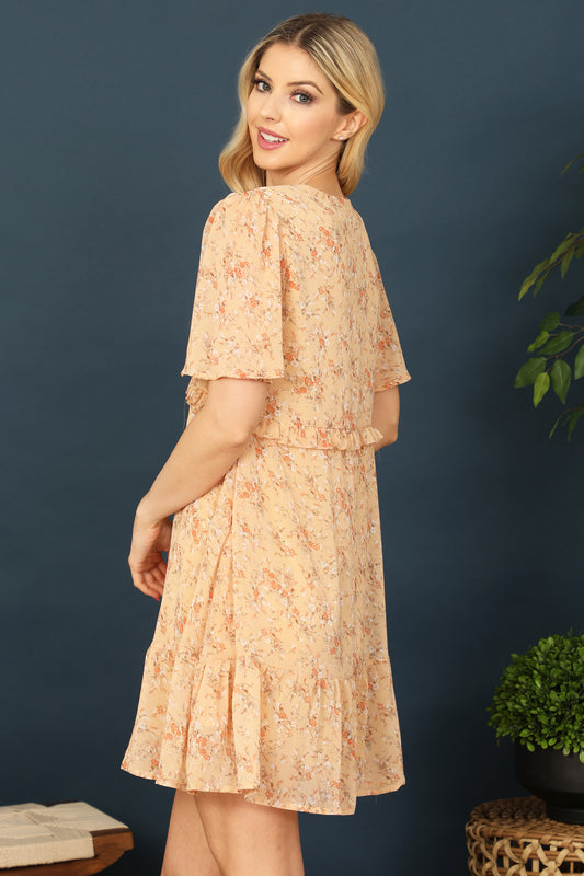 V-Neck Bell Sleeve Ruffle Detail Floral Dress