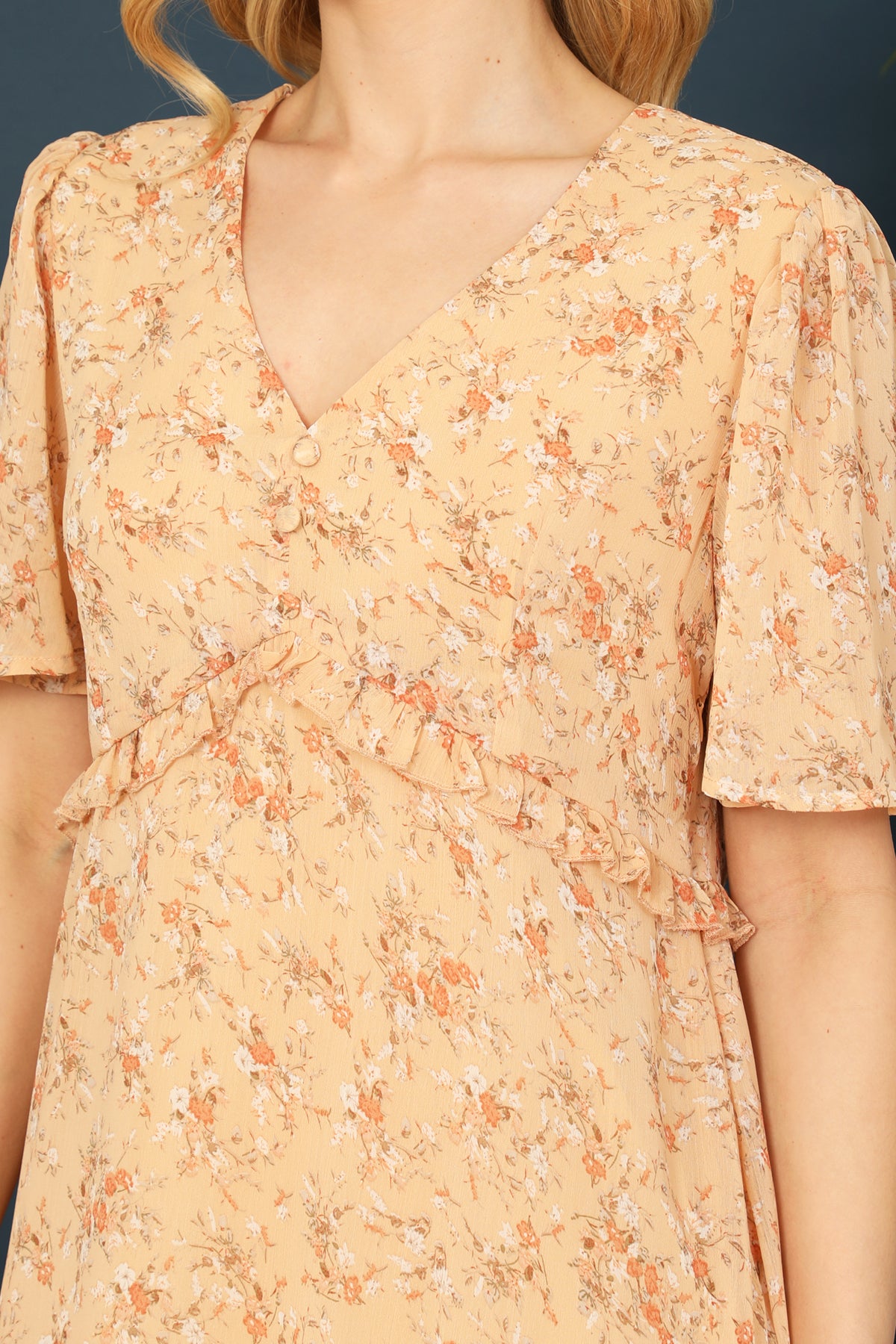 V-Neck Bell Sleeve Ruffle Detail Floral Dress