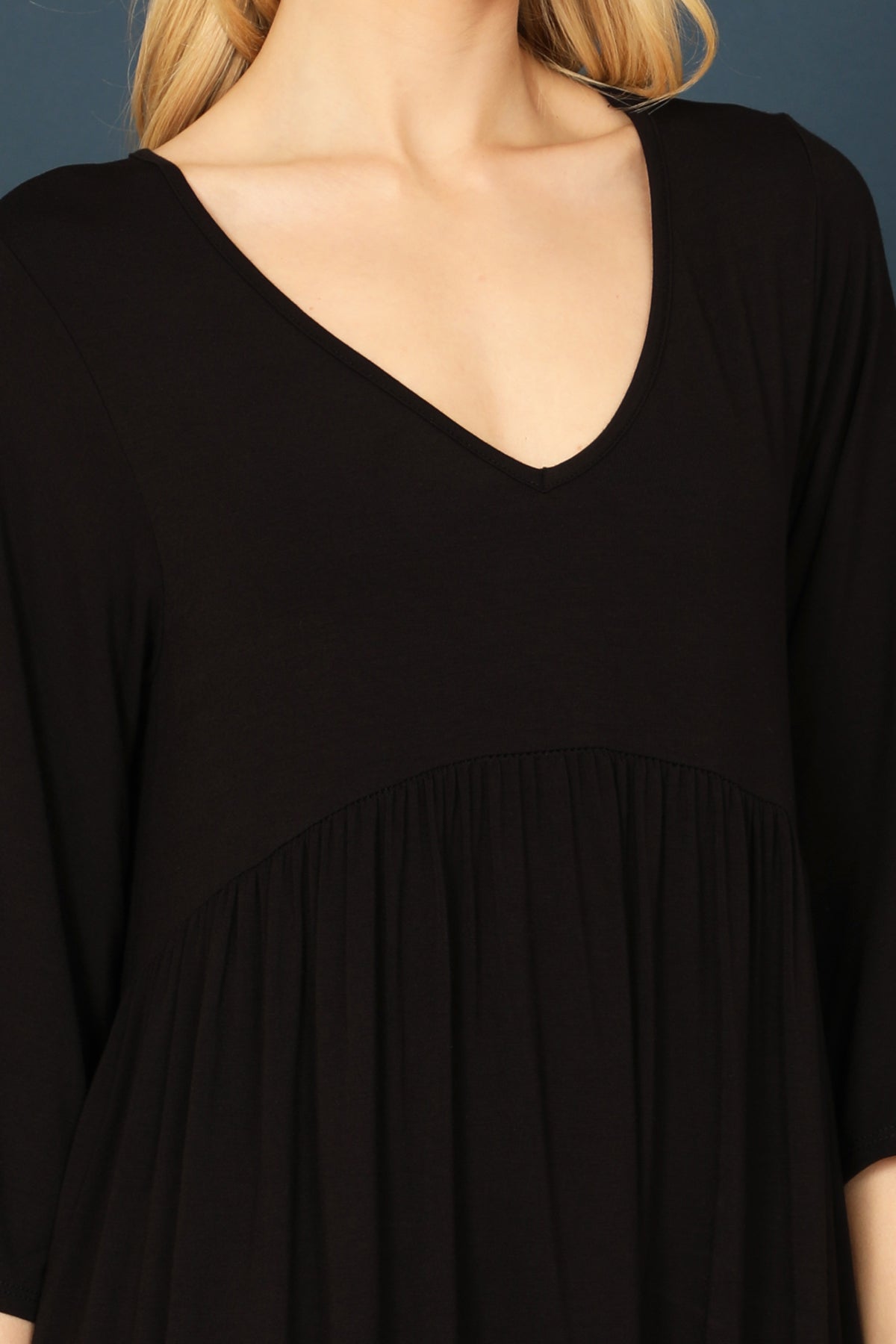 Quarter Sleeve Empire Solid Mini Dress