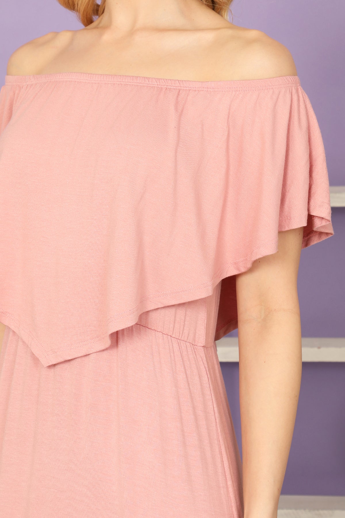 Off Shoulder Ruffle Overlay High-Low Hem Maxi Dress