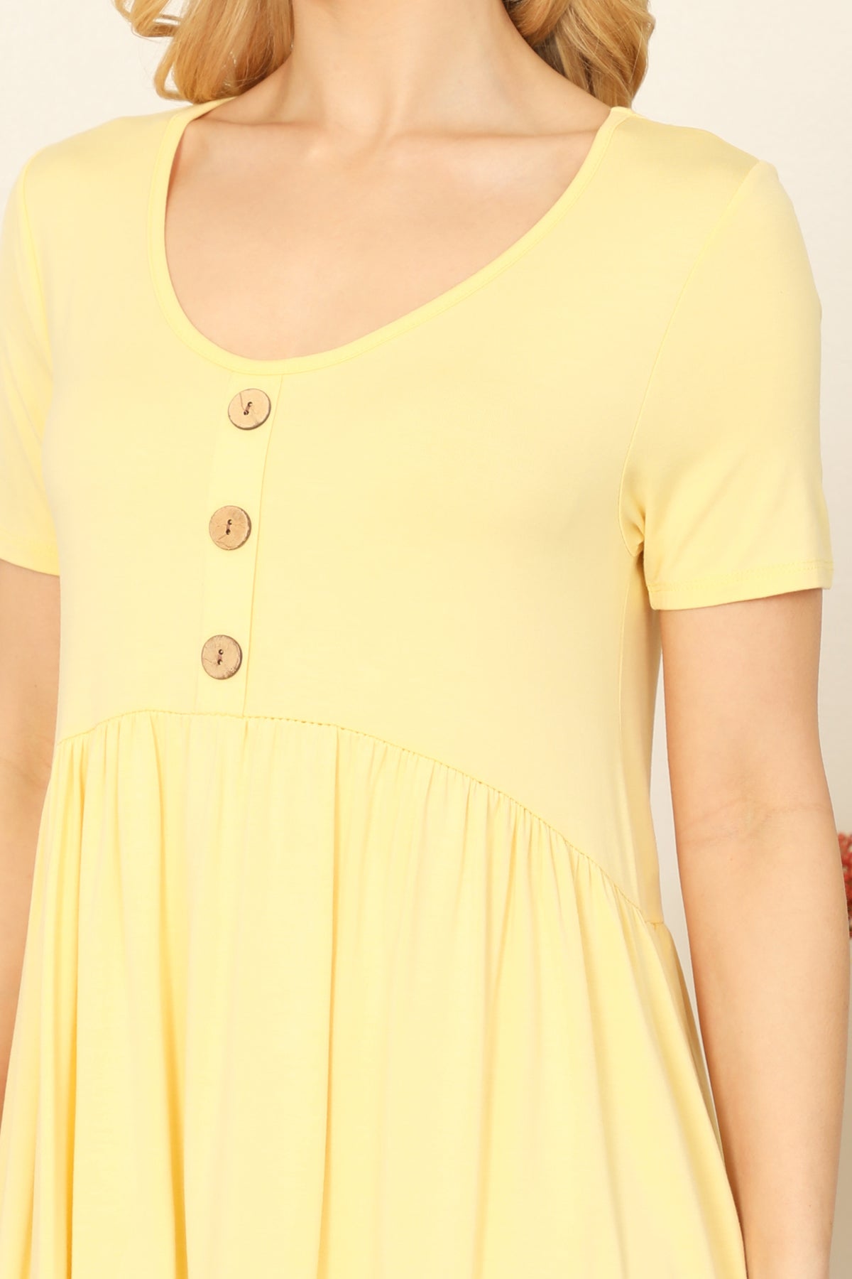 Short Sleeve Scoop Neck Button Detail Mini Dress