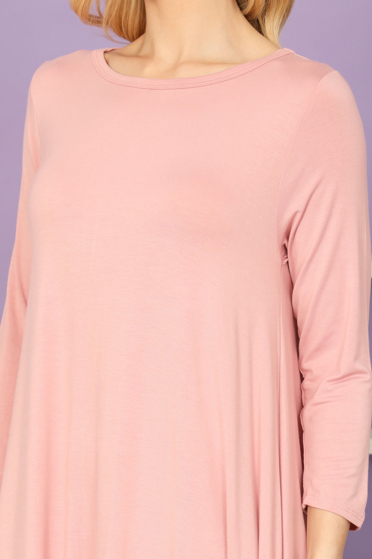 Solid Boat Neck Quarter Sleeve Side Pocket Mini Dress