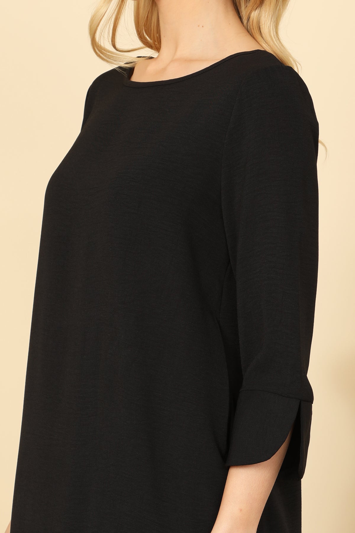 Quarter Sleeve Ruffle Hem Solid Dress