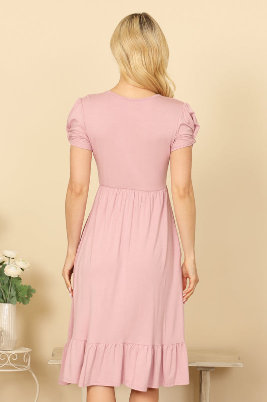 Short Twist Puff Sleeve Side Pocket Pleated Detail Dress