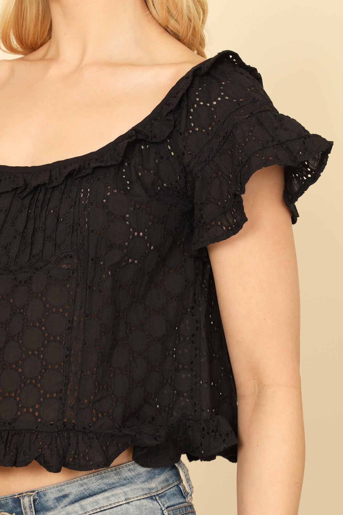 Short Ruffle Sleeve Eyelet Detail Crop Top