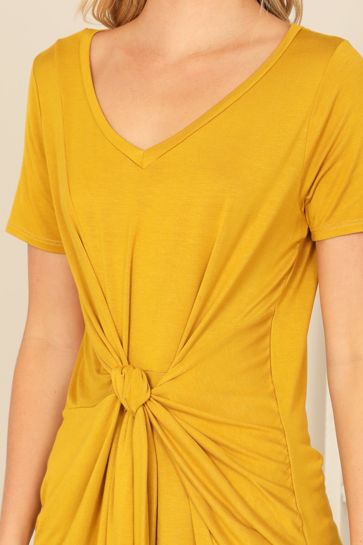 Short Sleeve V-Neck Twist Front Solid Top