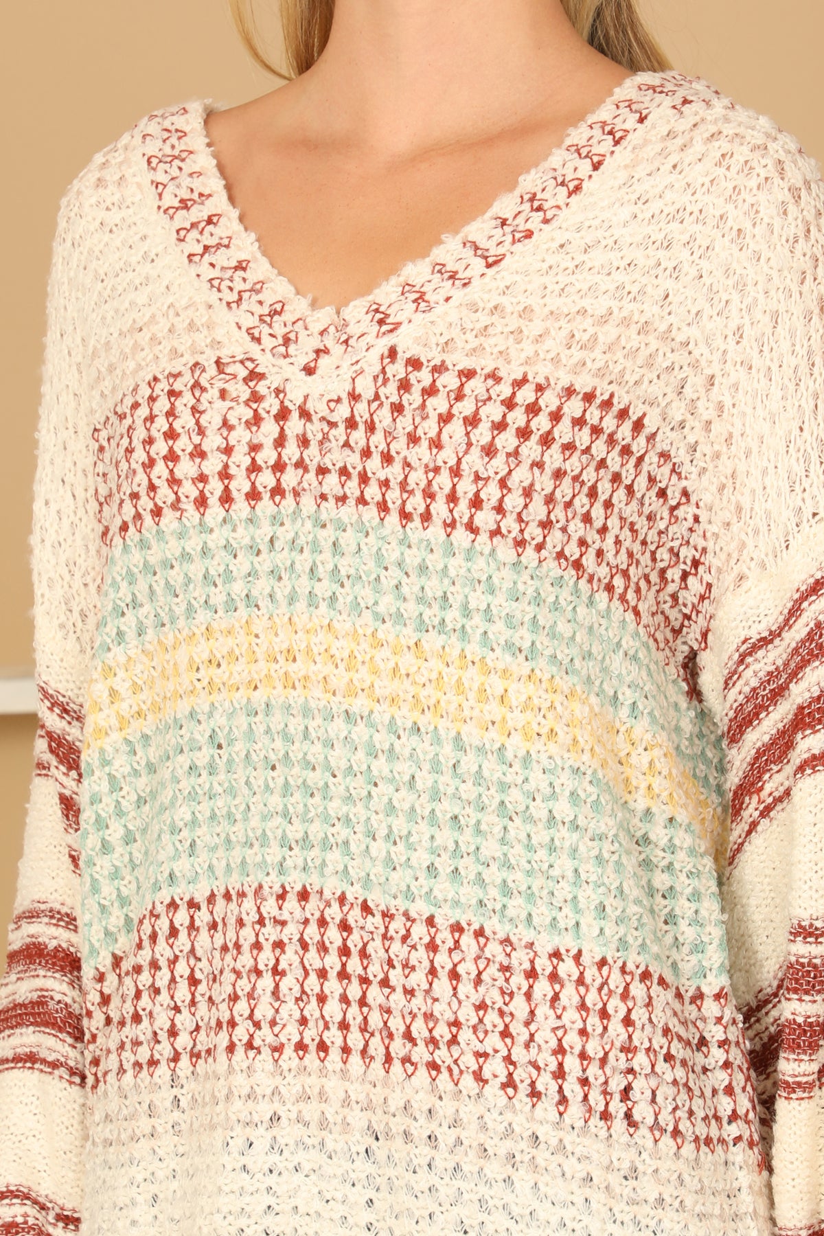 Plus Size Multicolor Striped V-Neck Textured Knit Sweater