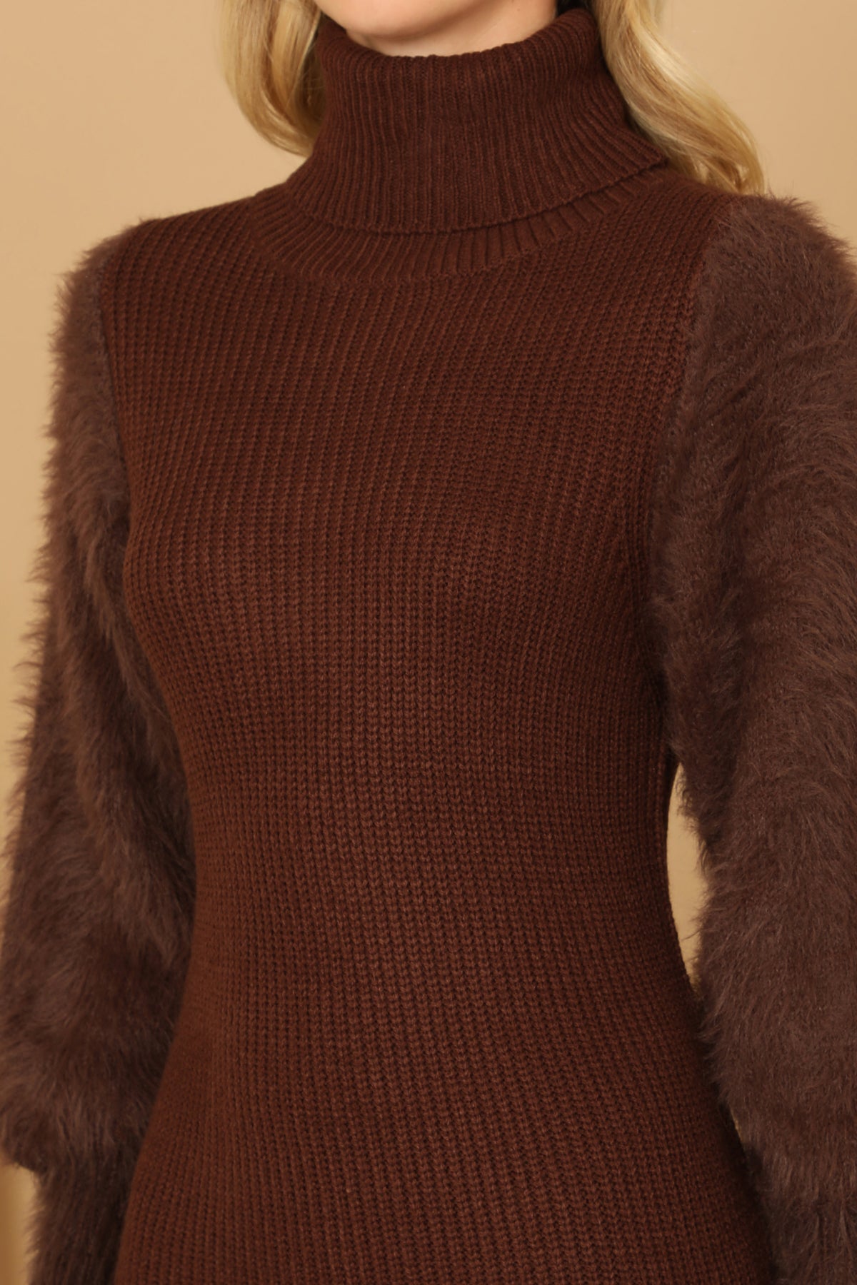 Turtle Neck Faux Fur Long Sleeve Bodycon Dress