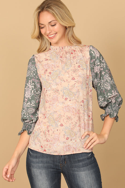 Paisley Smocked Quarter Sleeve Contrast Top