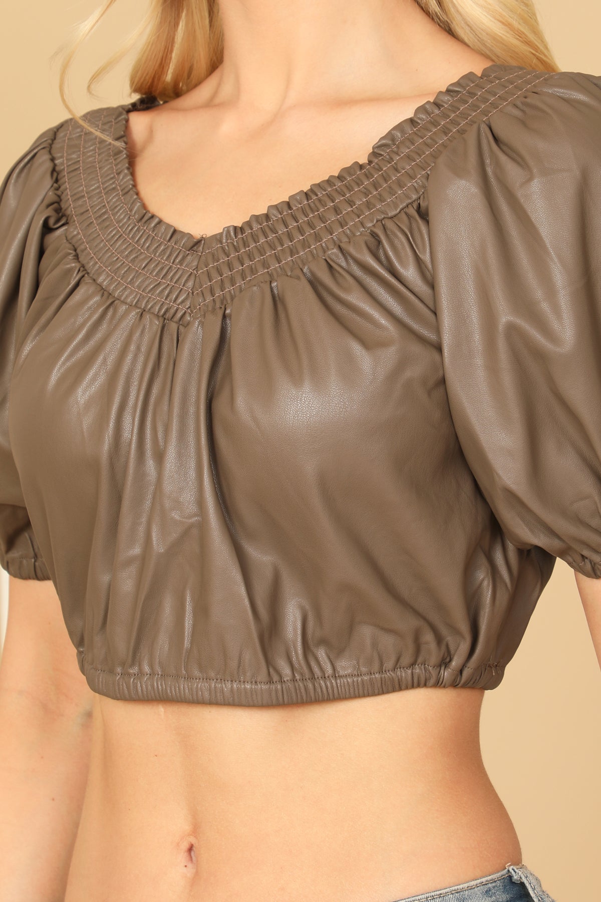 Short Puff Sleeve Leather Crop Top